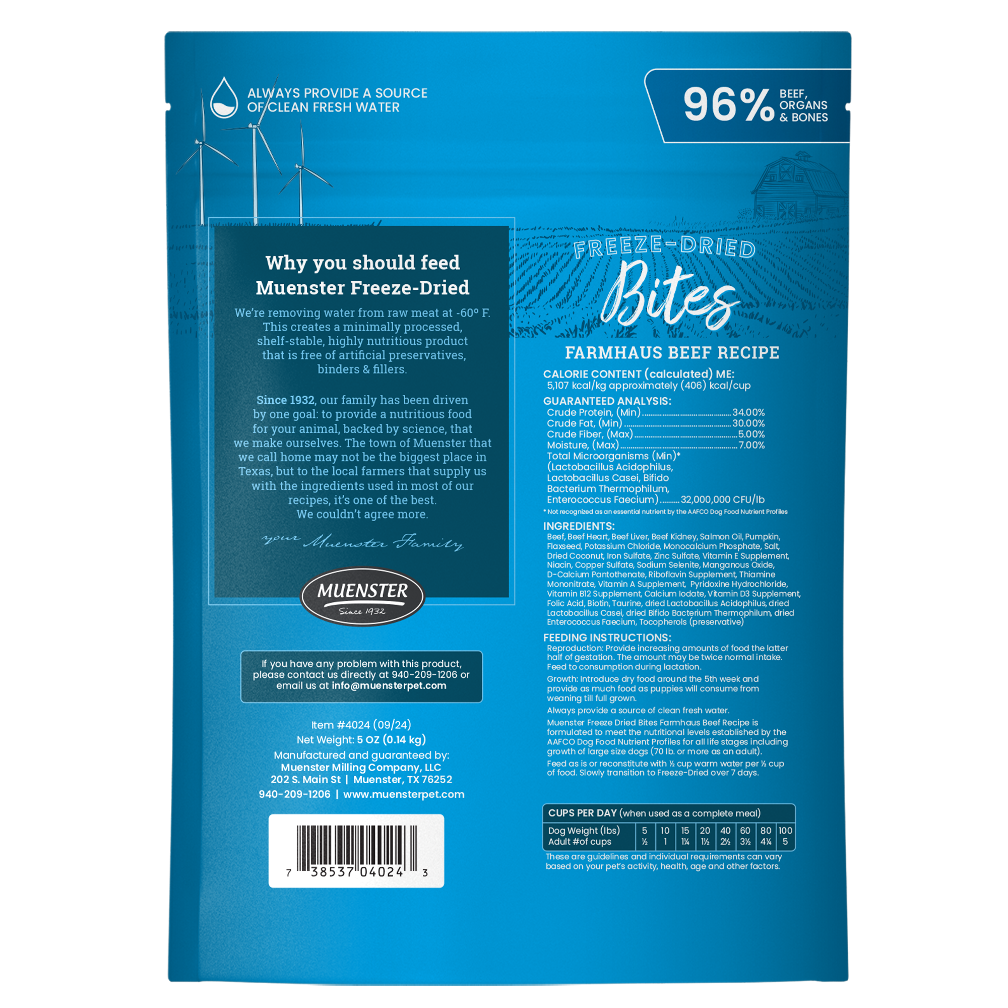 Muenster Freeze Dried Beef Bites complete and balanced food and treat for dogs back of the bag