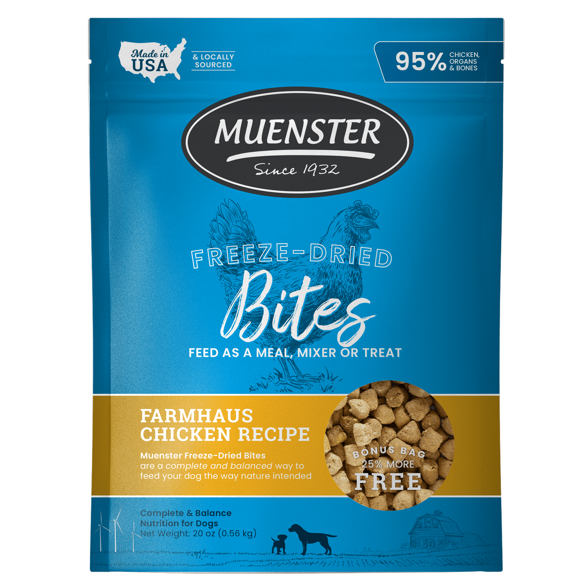 Muenster Freeze-Dried Complete & Balanced Chicken Bites Food, Treats, Topper, Mixer for Dogs