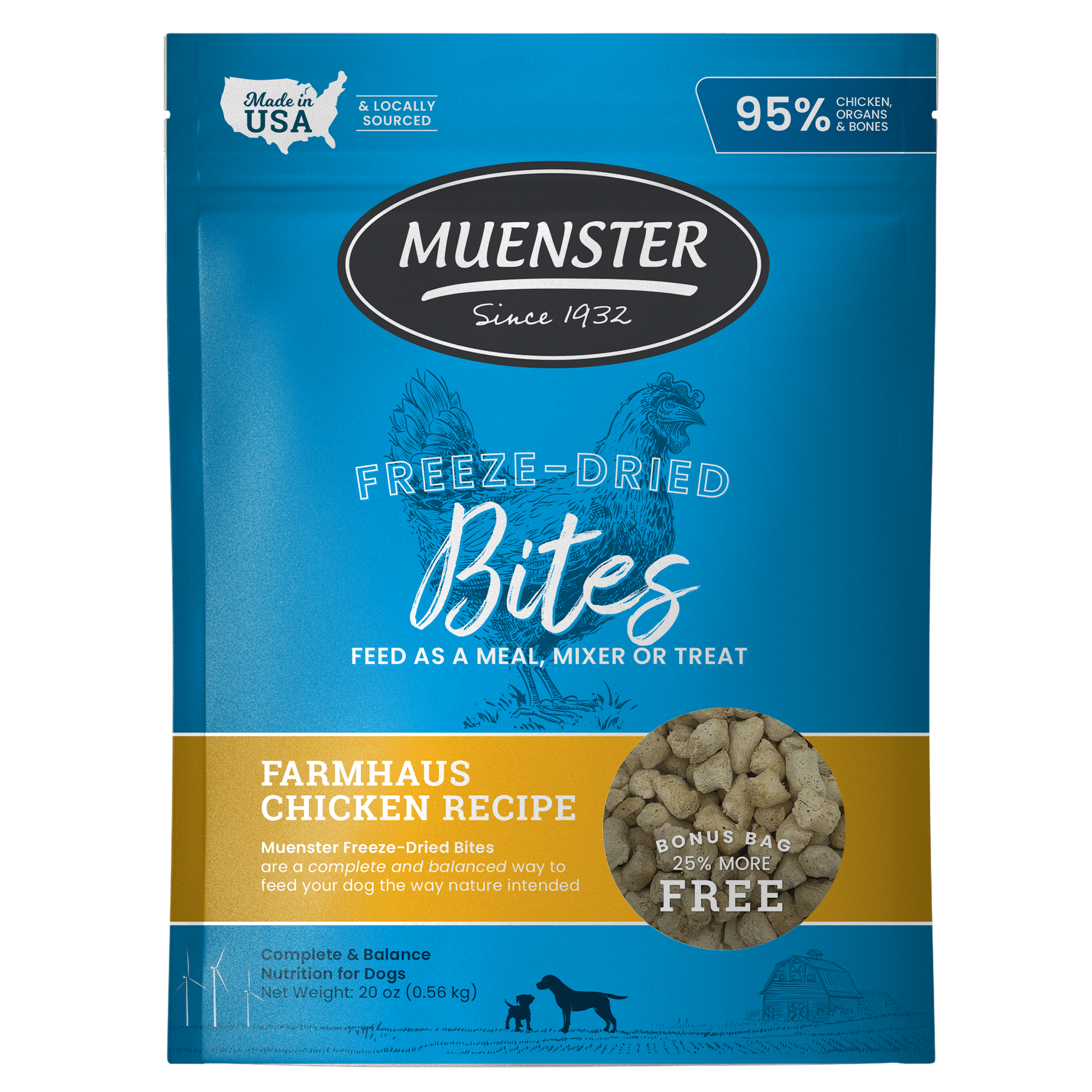 Muenster Freeze Dried Chicken Bites complete and balanced food and treat for dogs 20oz bag