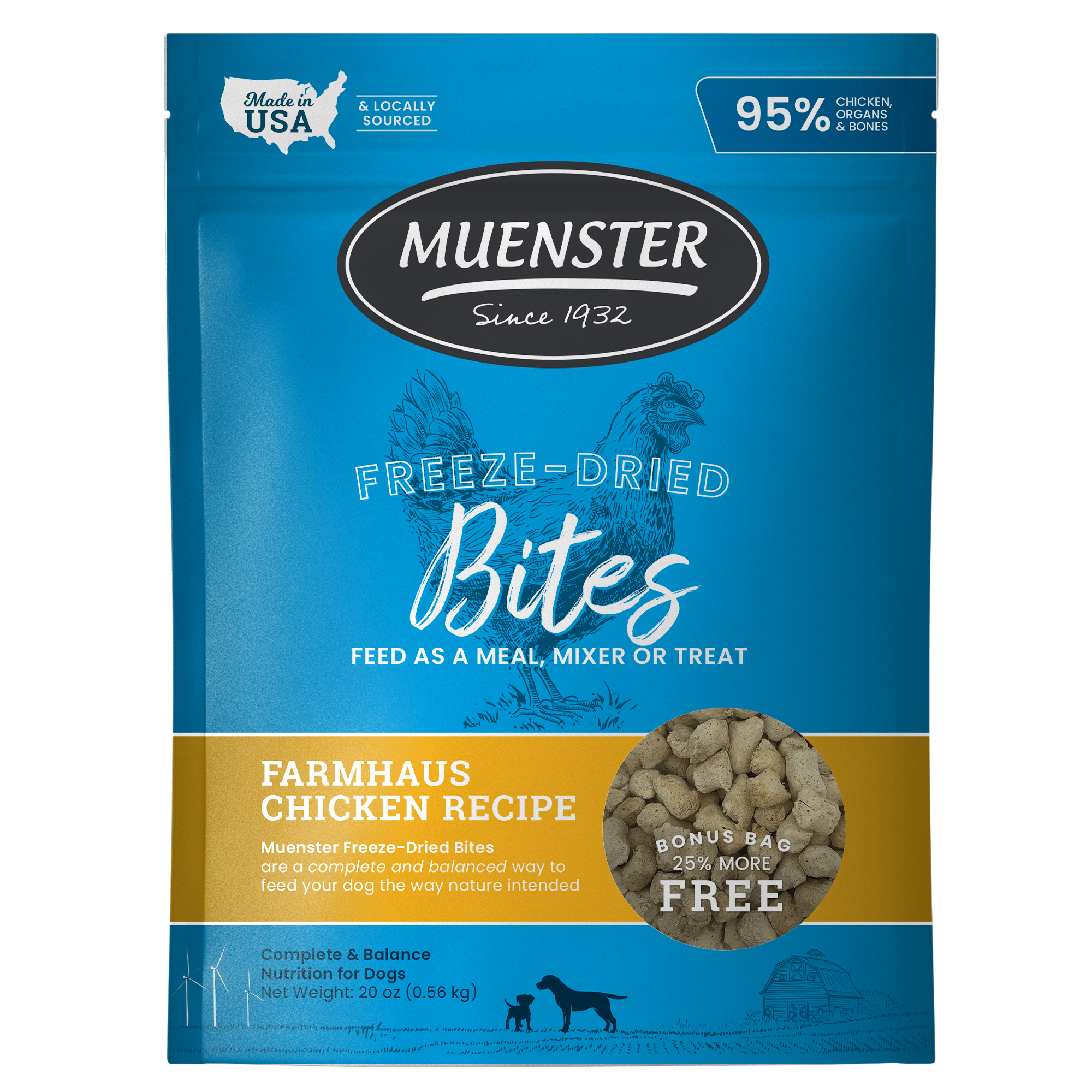 Muenster Freeze Dried Chicken Bites complete and balanced food and treat for dogs 20oz bag