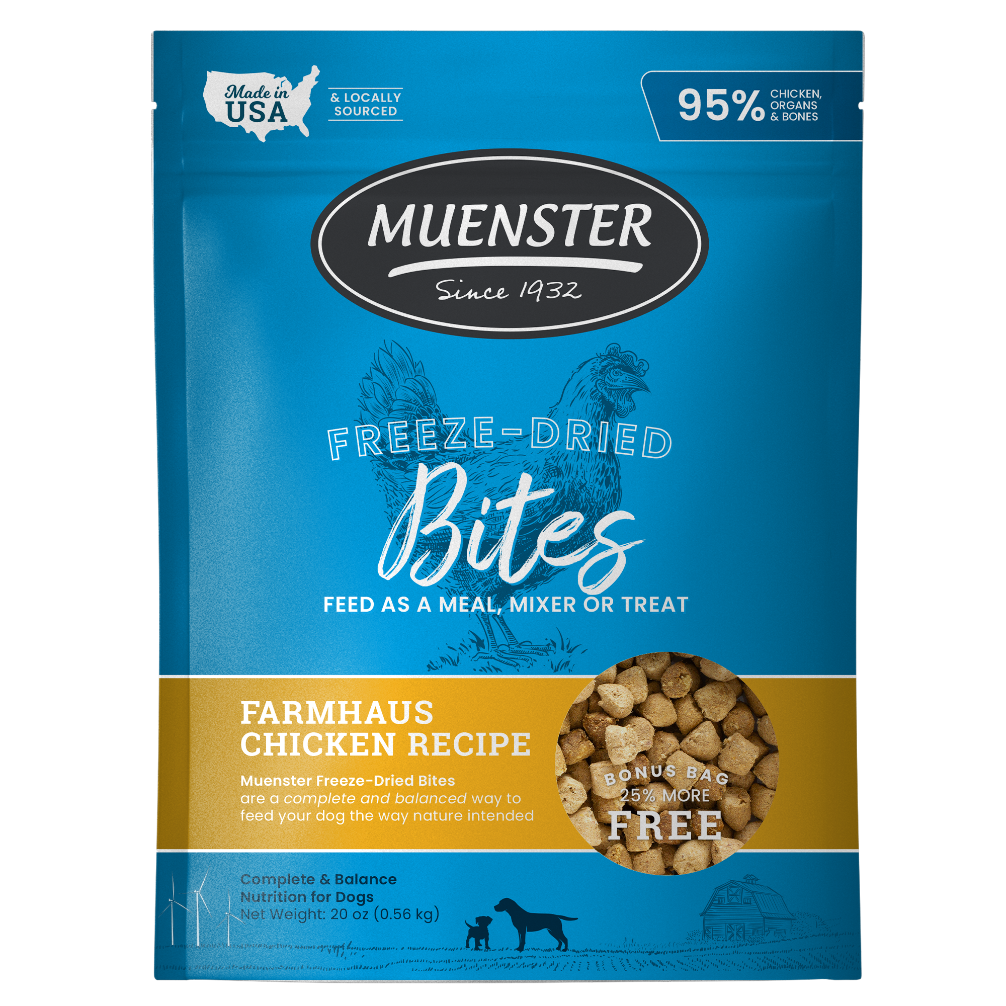 Muenster Freeze-Dried Complete & Balanced Chicken Bites Food, Treats, Topper, Mixer for Dogs