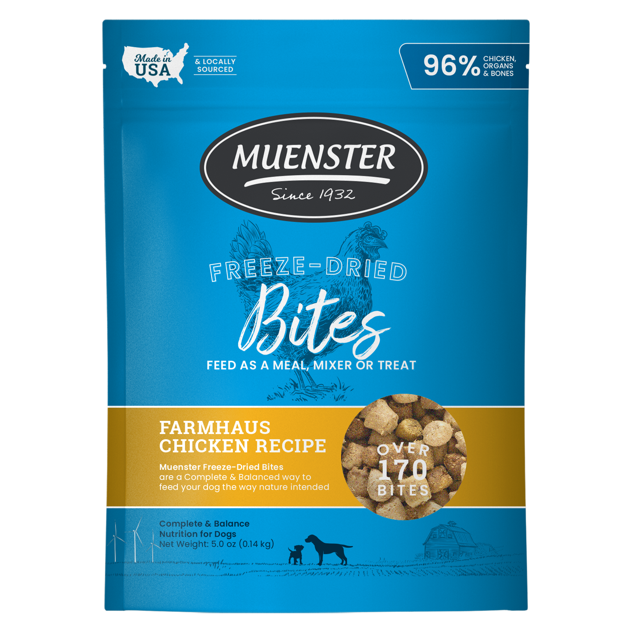 Muenster Freeze-Dried Complete & Balanced Chicken Bites Food, Treats, Topper, Mixer for Dogs