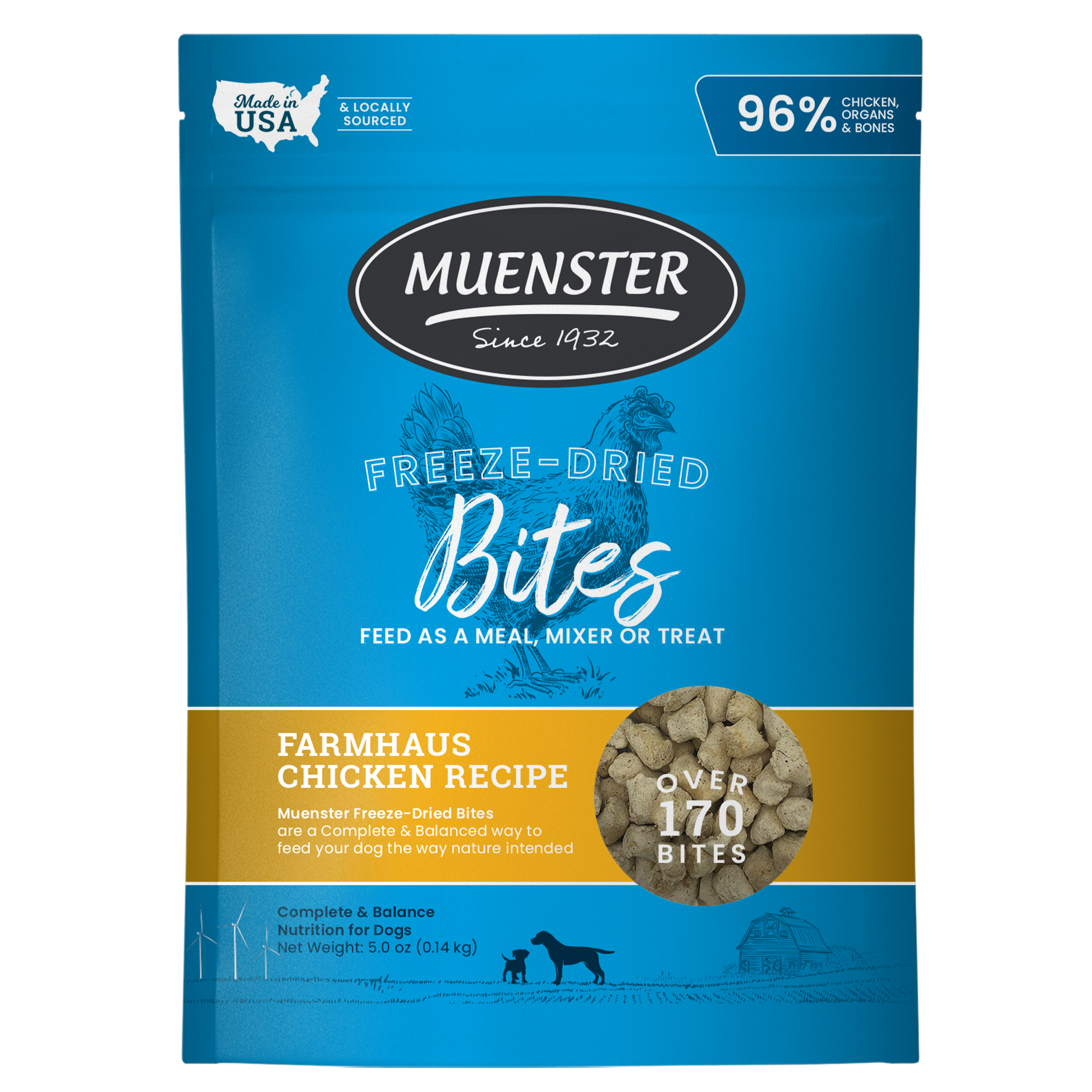 Muenster Freeze Dried Chicken Bites complete and balanced food and treat for dogs 5oz bag