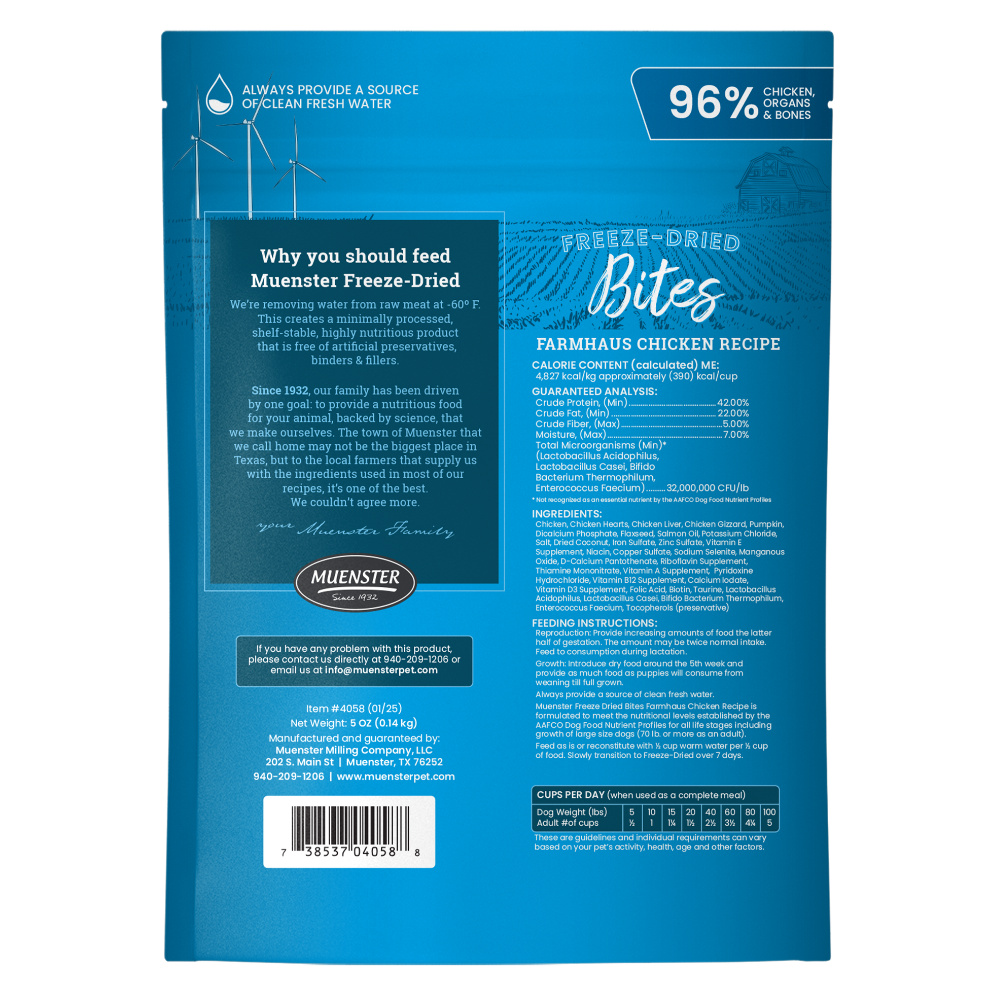 Muenster Freeze Dried Chicken Bites complete and balanced food and treat for dogs 5oz bag back