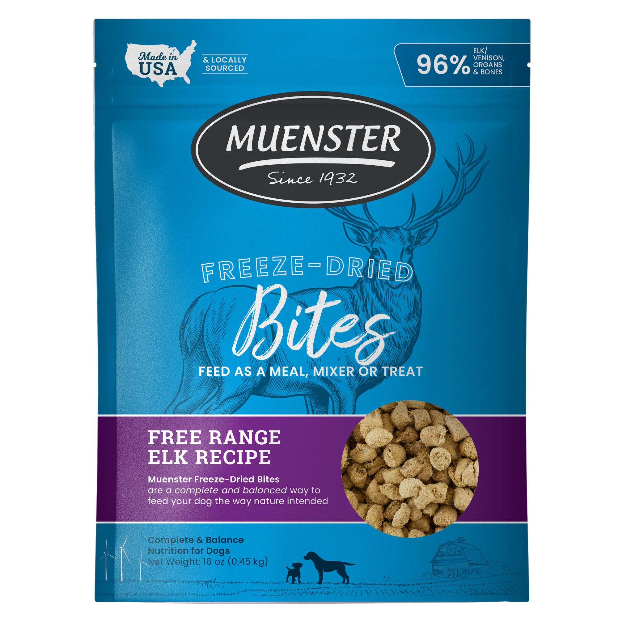 Muenster Freeze-Dried Complete & Balanced Elk Bites Food, Treats, Mixer for Dogs