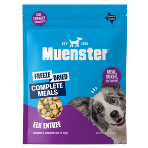 Muenster Freeze Dried Complete Meals Elk Entree packaging with a dog on a blue and purple background