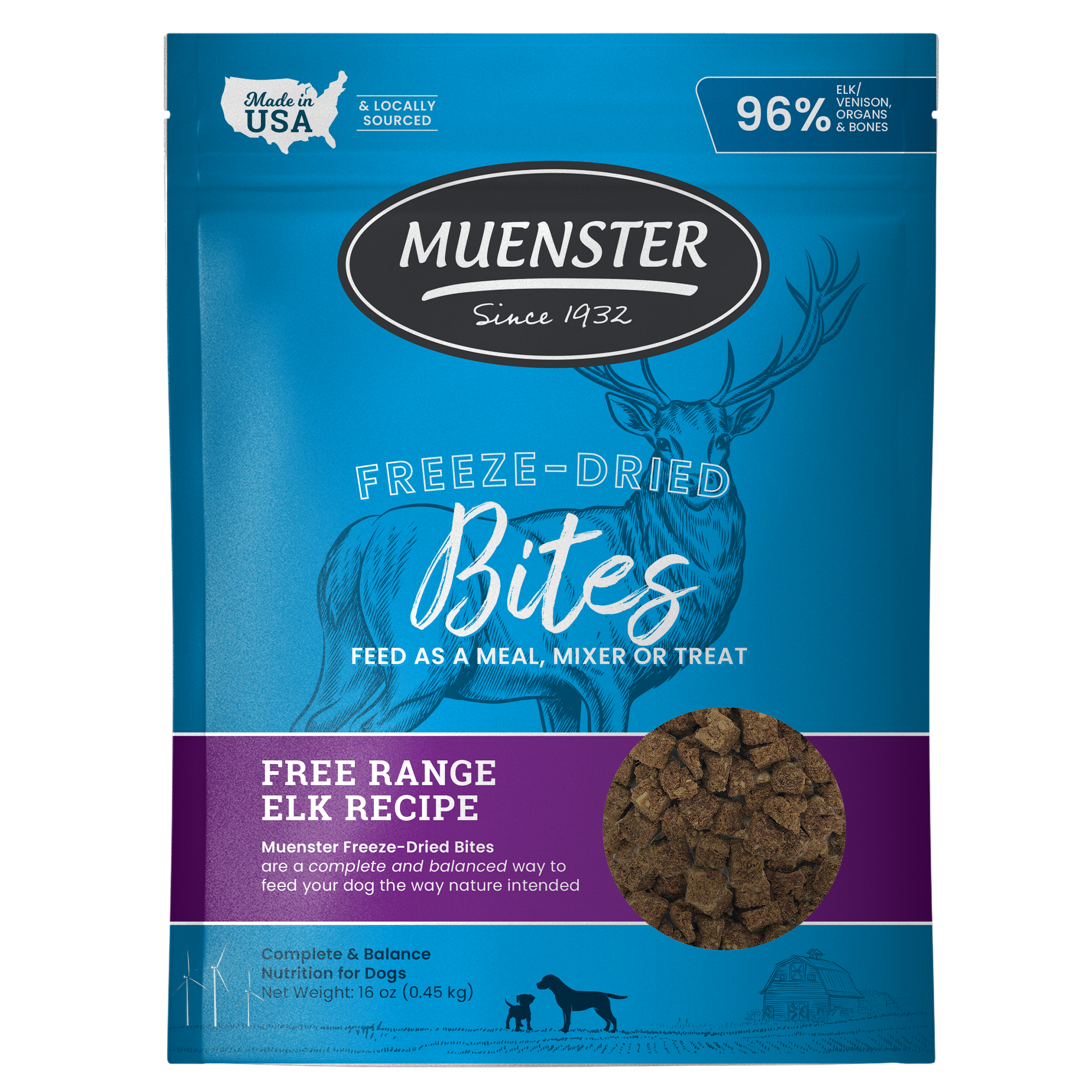 Muenster Freeze Dried Elk Bites for dogs complete & balanced for all life stages