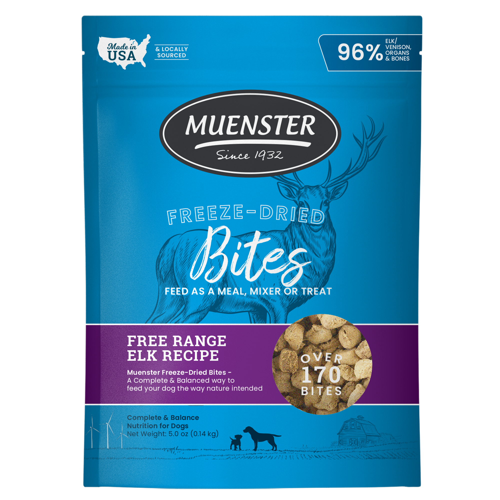 Muenster Freeze-Dried Complete & Balanced Elk Bites Food, Treats, Mixer for Dogs
