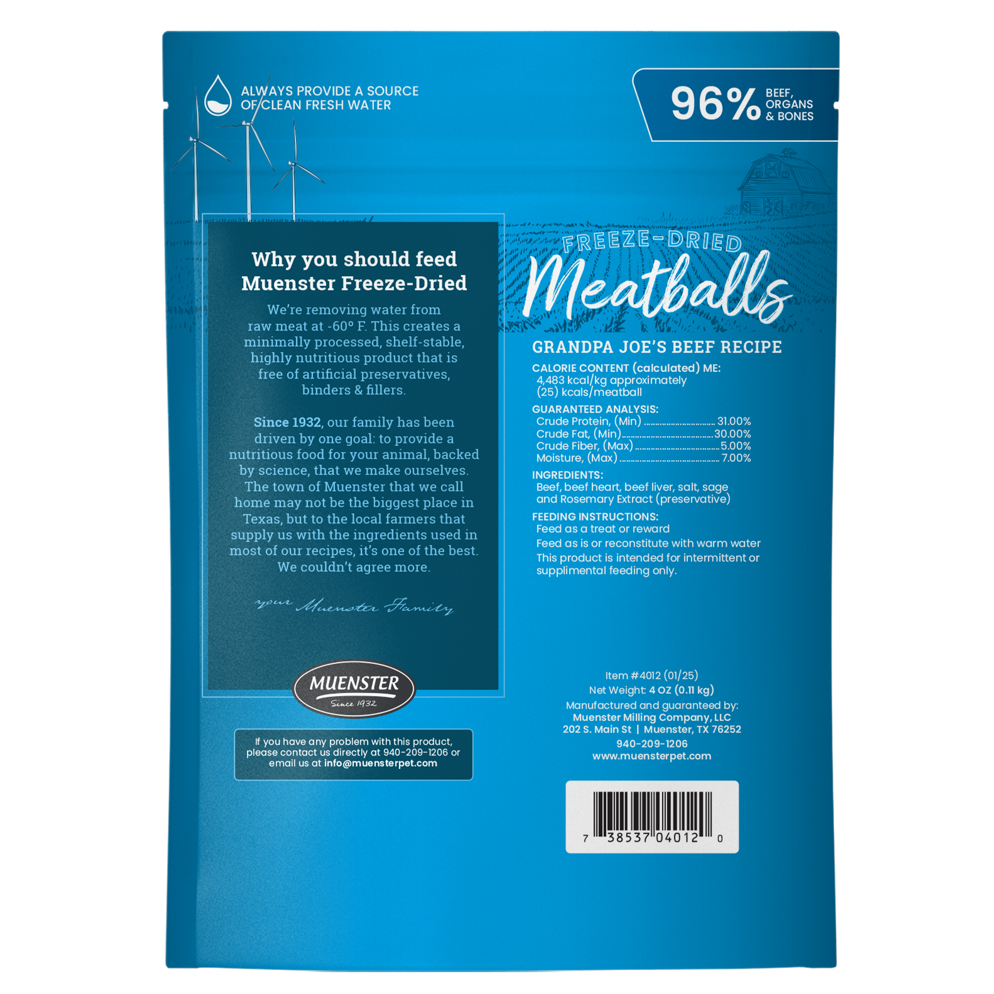 Back of the bag Muenster Beef Freeze Dried Meatballs only 6 ingredients