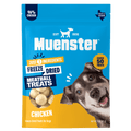 Muenster freeze-dried meatball treats packaging with a dog on a blue and yellow background