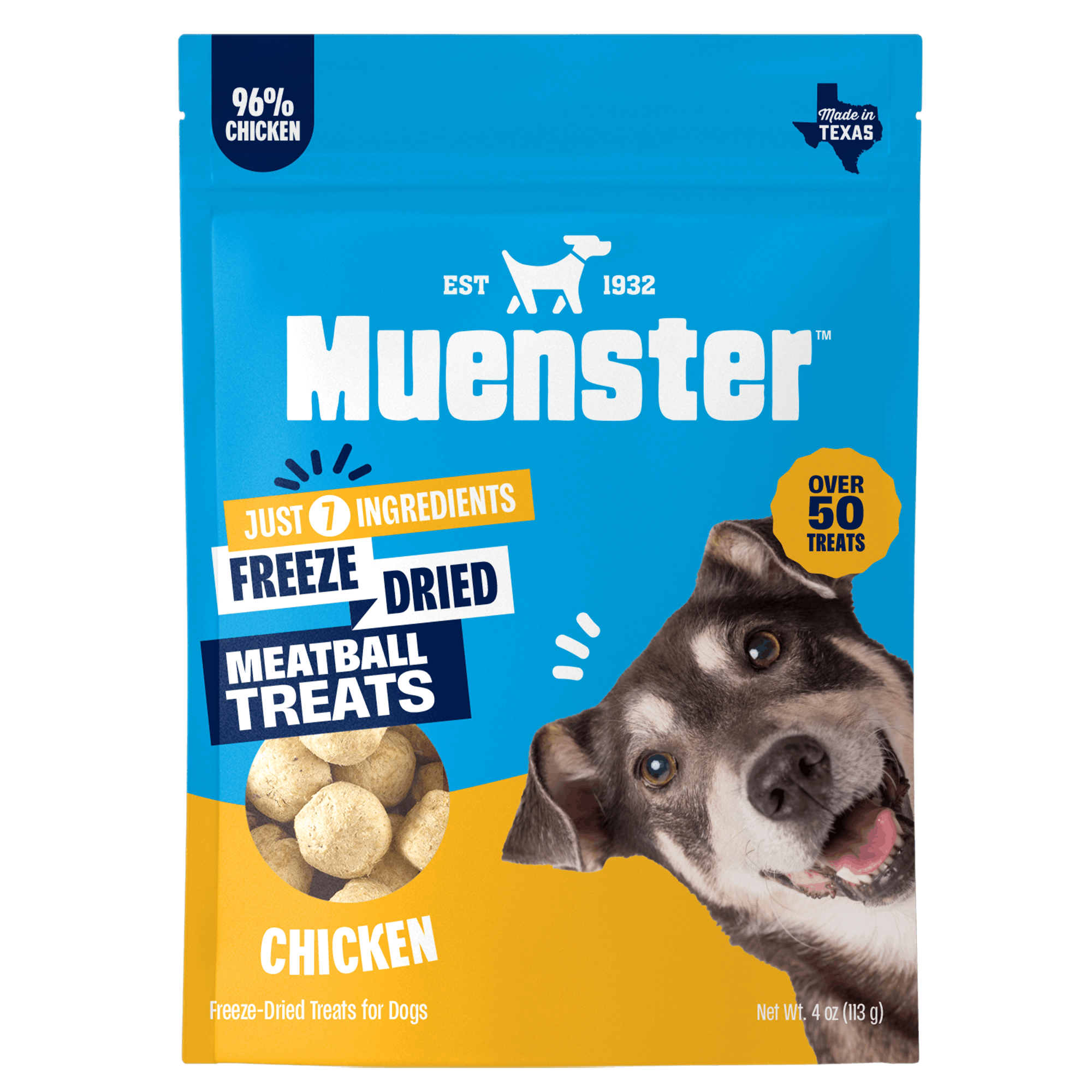 Muenster freeze-dried meatball treats packaging with a dog on a blue and yellow background