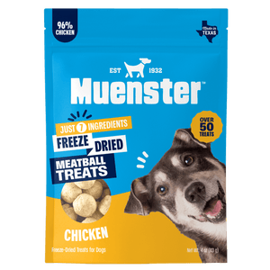 Muenster freeze-dried meatball treats packaging with a dog on a blue and yellow background