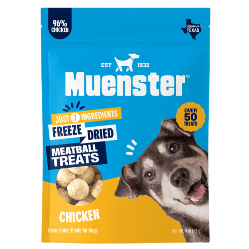 Muenster freeze-dried meatball treats packaging with a dog on a blue and yellow background