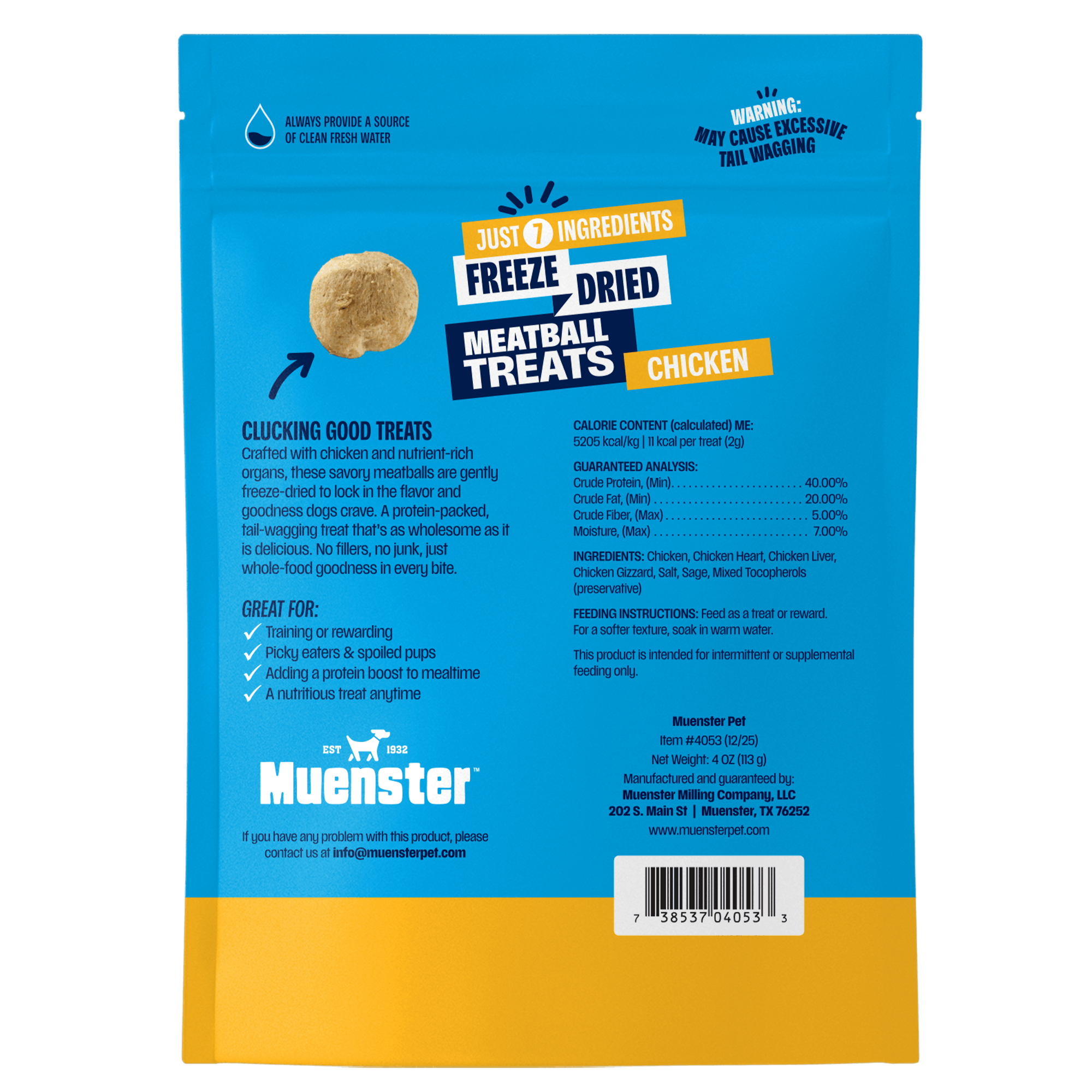 Back of a Muenster pet product packaging with blue and yellow design
