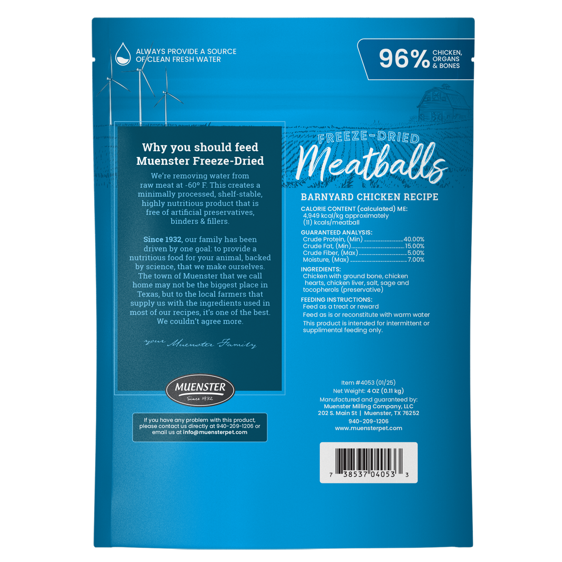 Back of the bag Muenster freeze-dried chicken meatballs