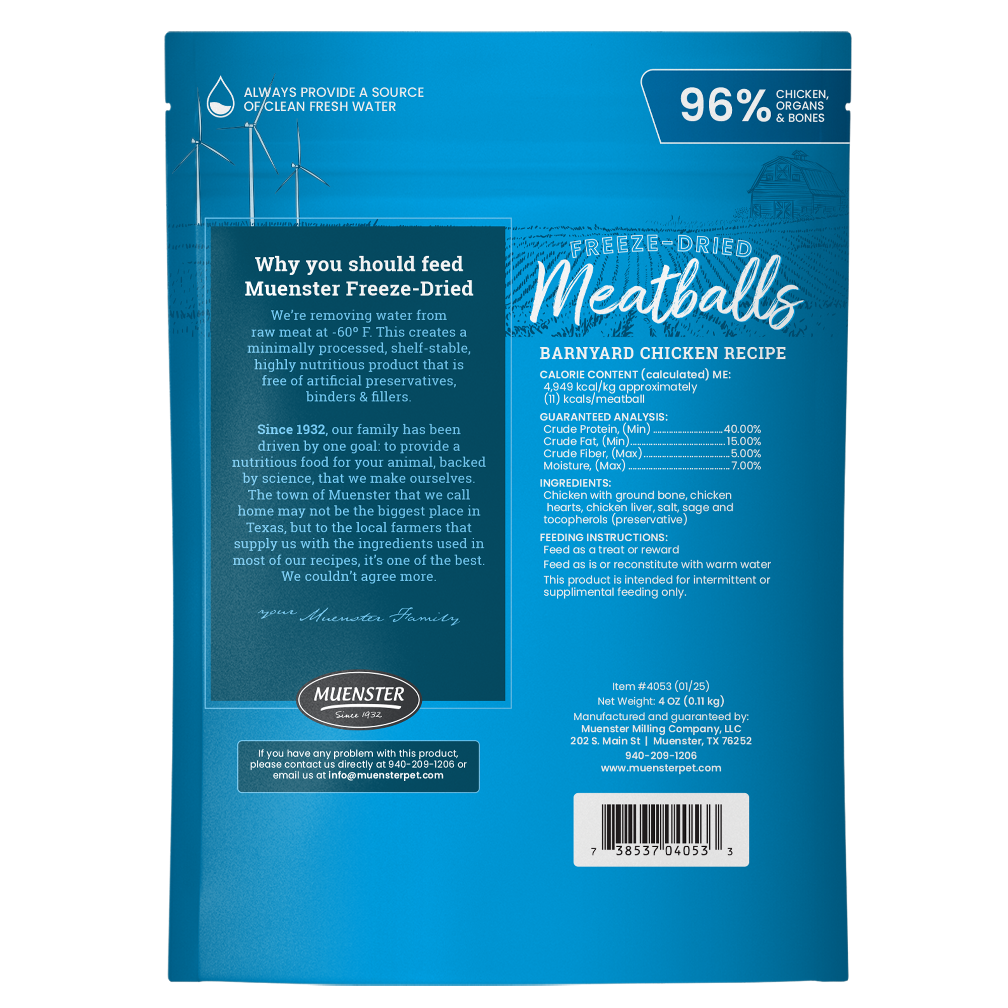 Back of the bag Muenster freeze-dried chicken meatballs