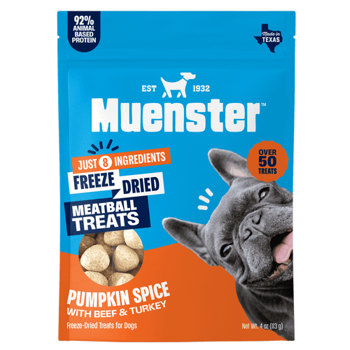 Muenster Freeze Dried Meatball Treats packaging with a dog on a blue and orange background