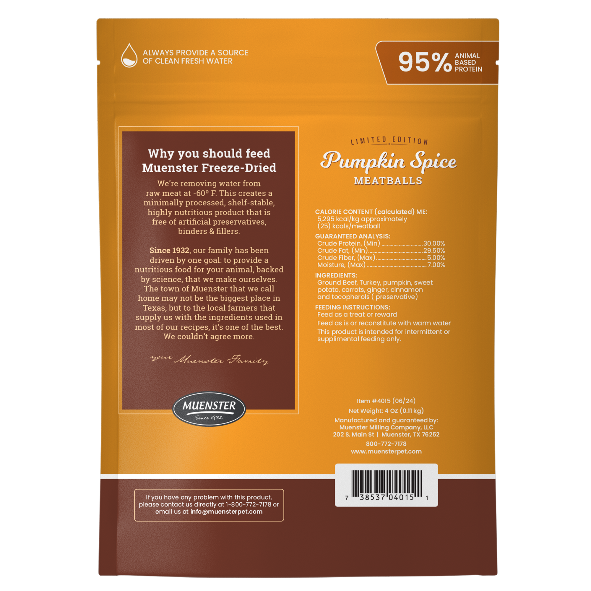 Back of the bag of Muenster Freeze-Dried Pumpkin Spice Meatballs