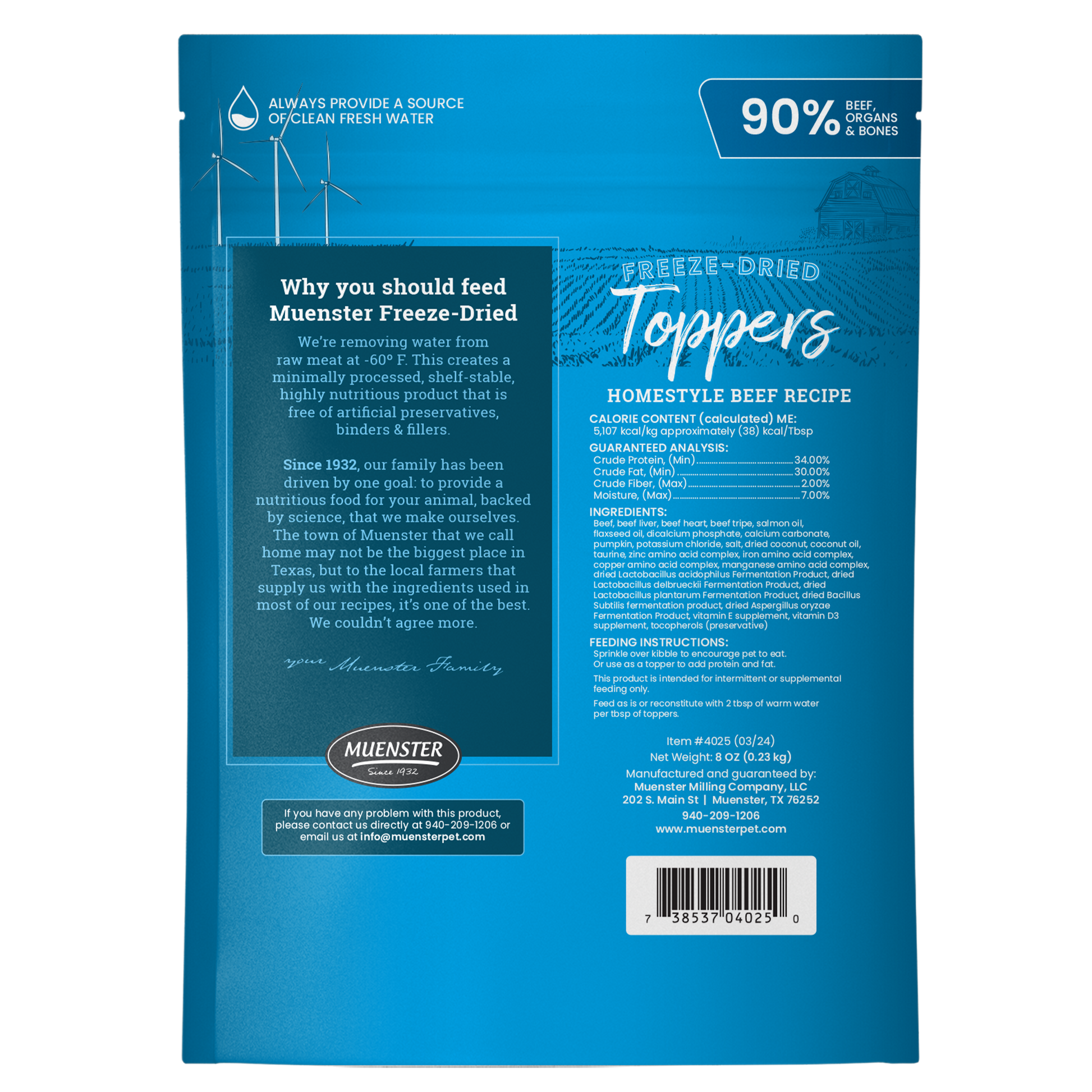 Muenster Freeze dried beef topper mix-in for dogs back of bag