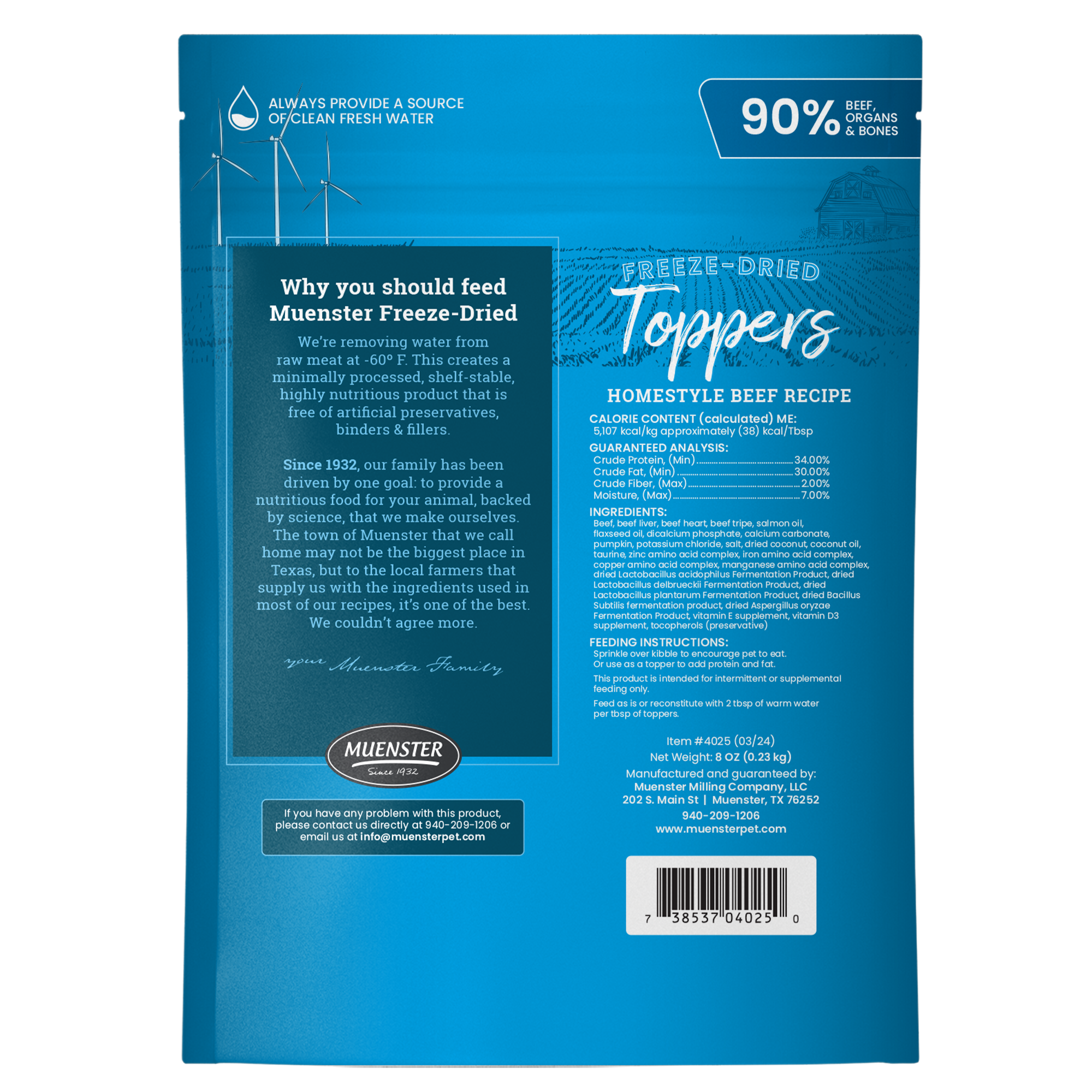 Muenster Freeze dried beef topper mix-in for dogs back of bag