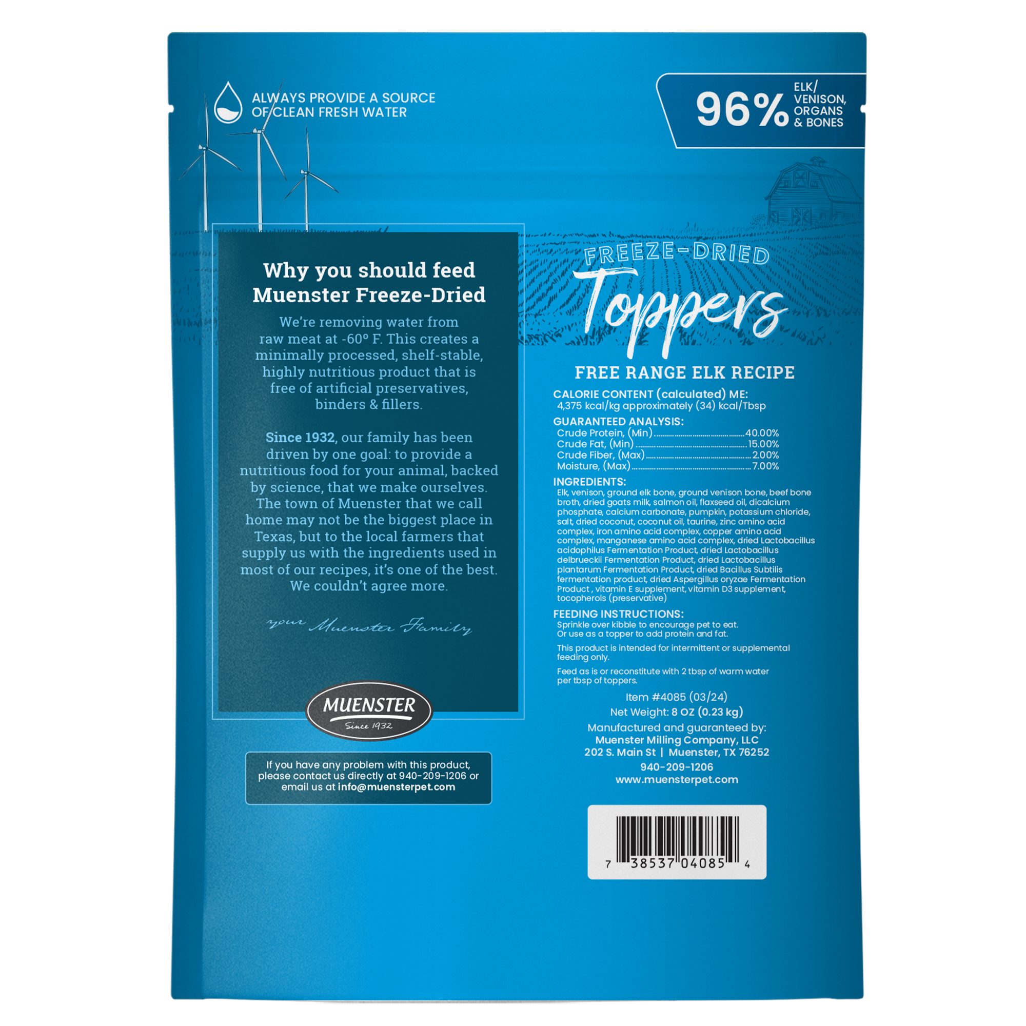 Muenster freeze dried Elk Toppers for dogs back of the bag