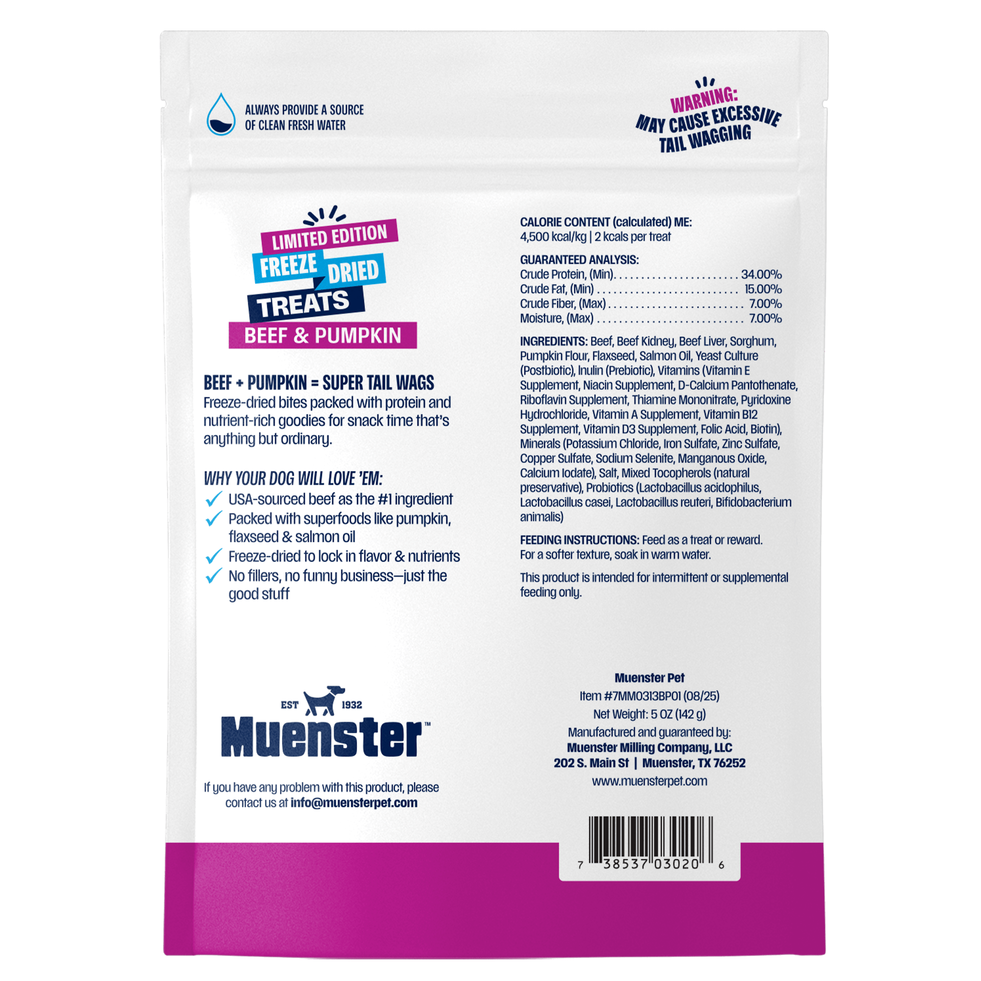 Back of a Muenster pet treats beef and pumpkin package with text and branding.