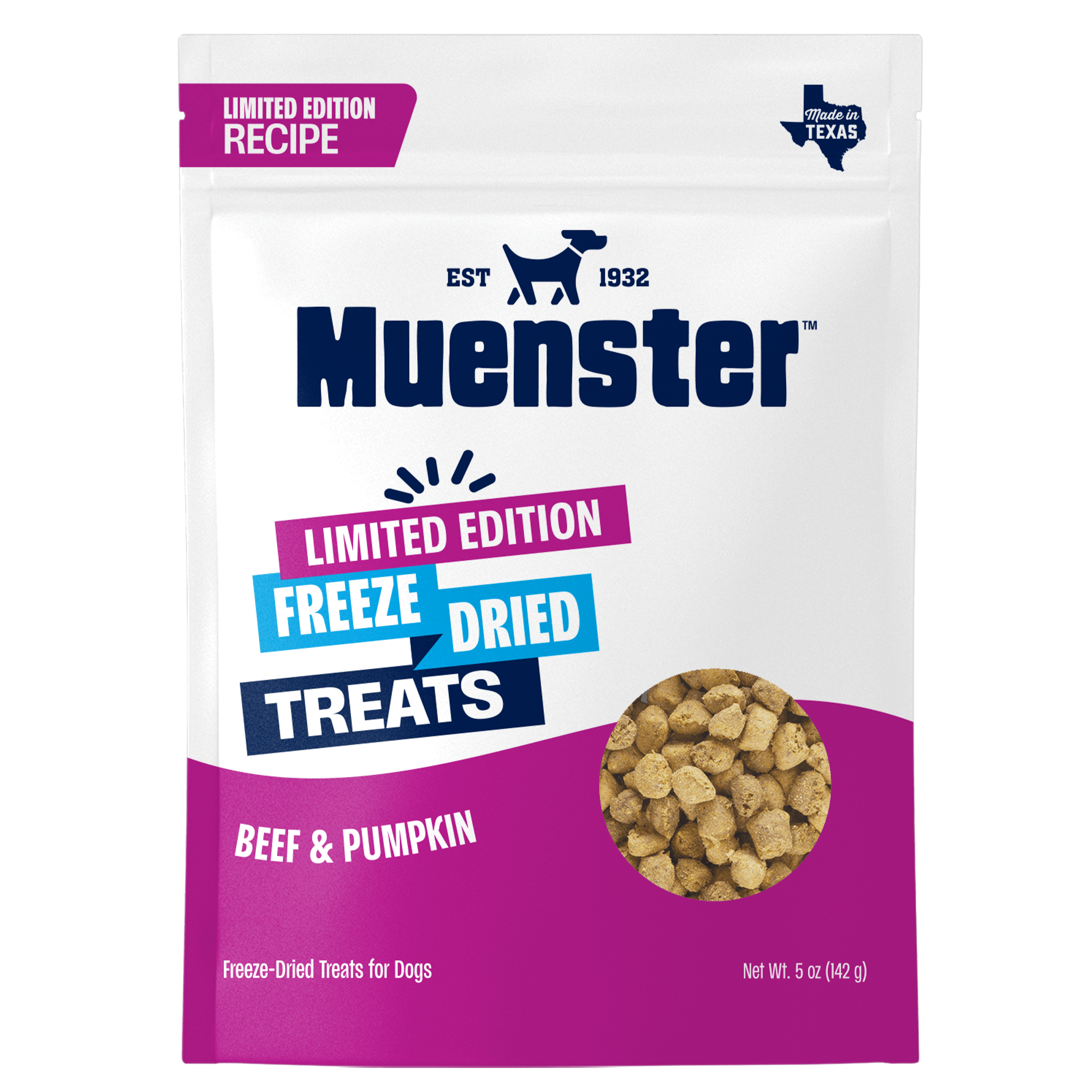 Muenster freeze-dried treats beef and pumpkin package for dogs