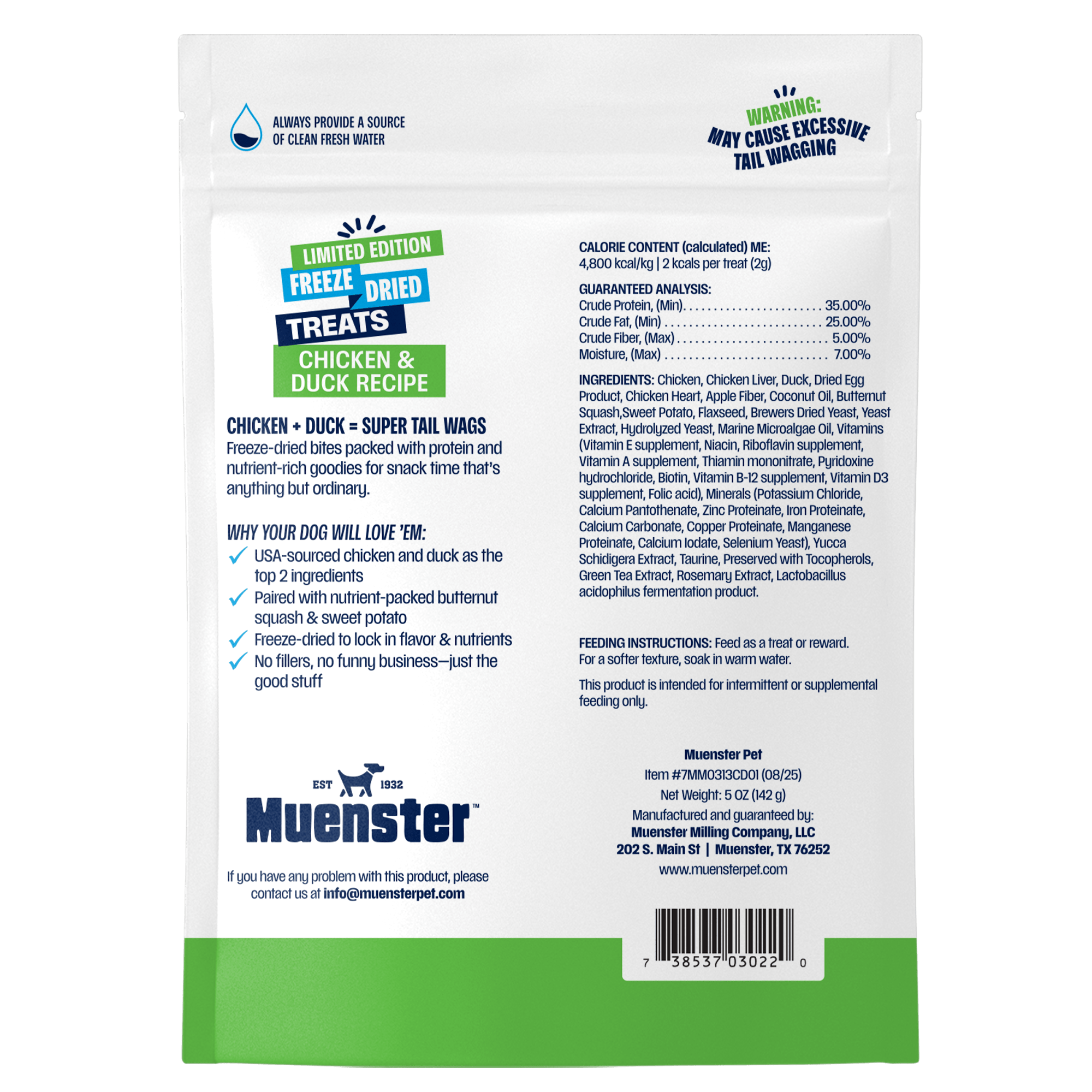 Back of a Muenster pet food package chicken and duck treats with text and branding.