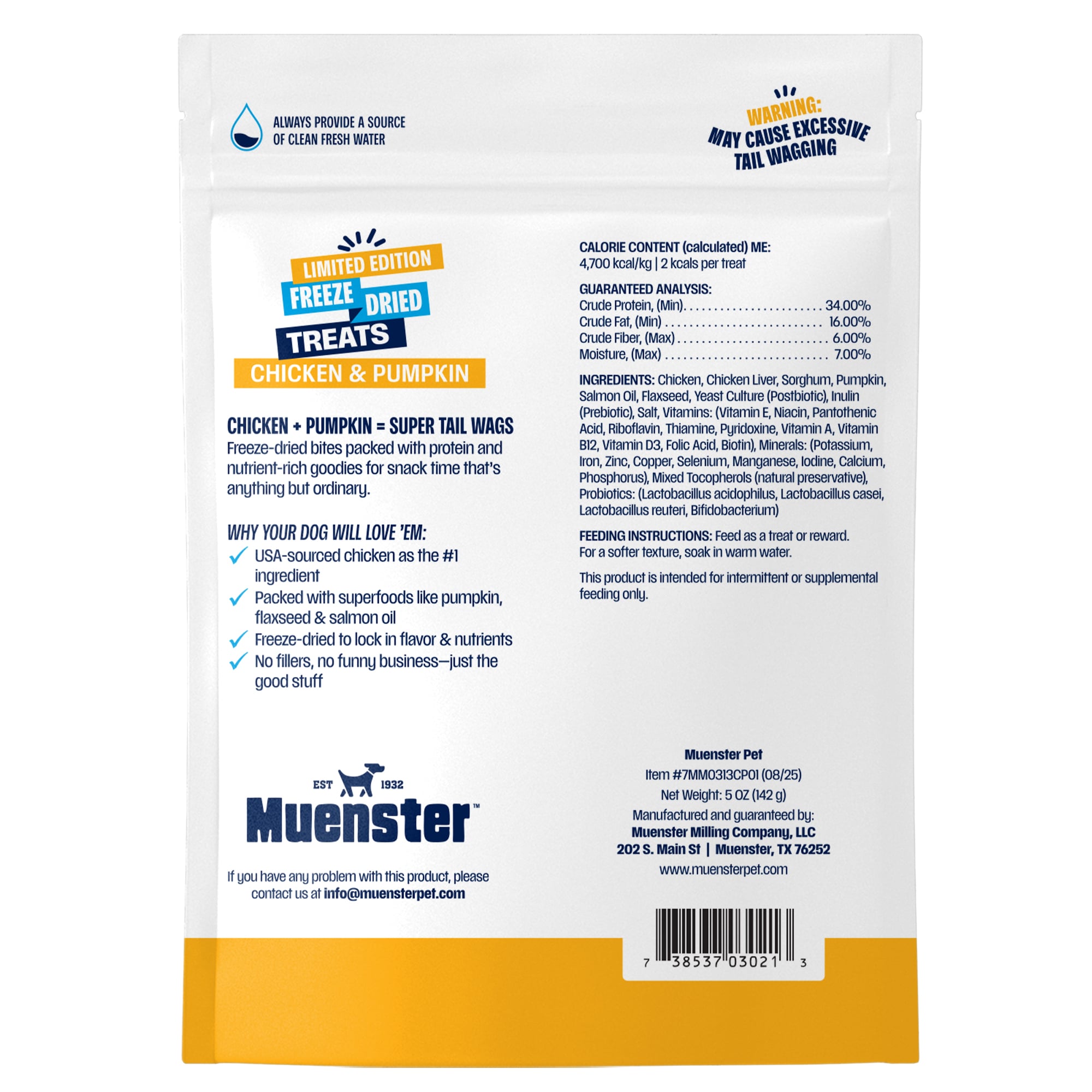 Muenster Pet Chicken and Pumpkin Freeze Dried Treats Dog back of bag