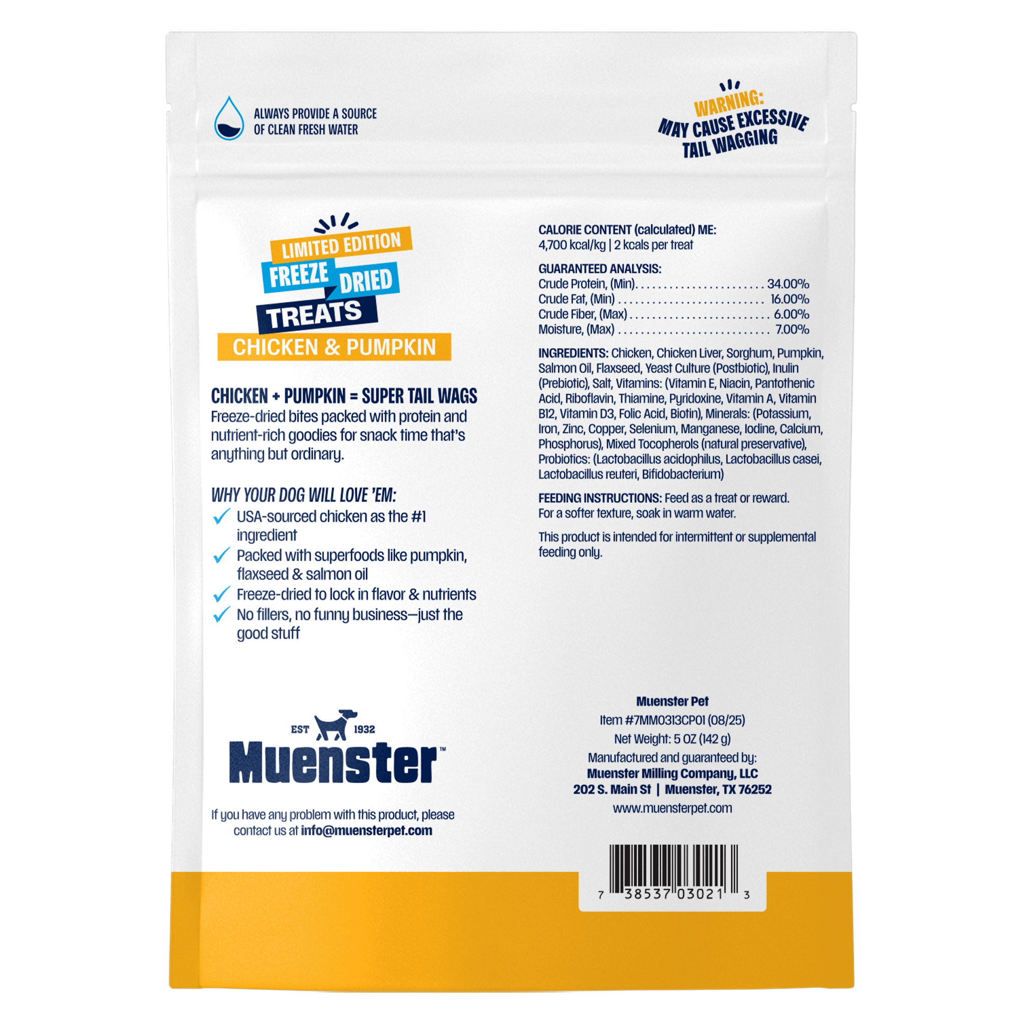 Back of a Muenster pet food package with text and branding.