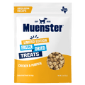 Muenster freeze-dried treats packaging for dogs with chicken and pumpkin flavor on a white background.
