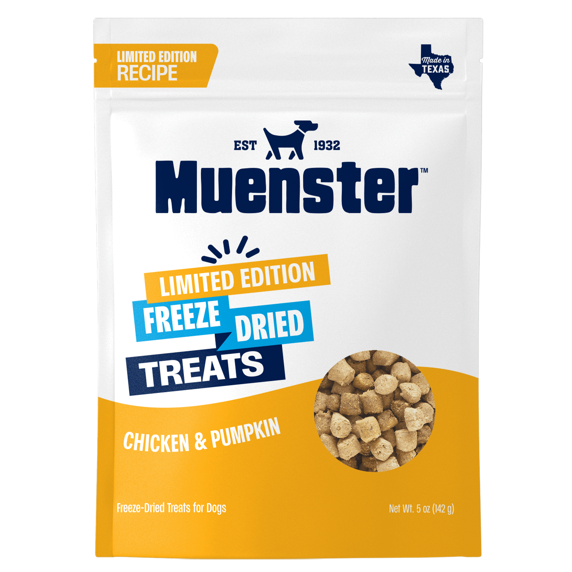 Muenster freeze-dried treats packaging for dogs with chicken and pumpkin flavor on a white background.
