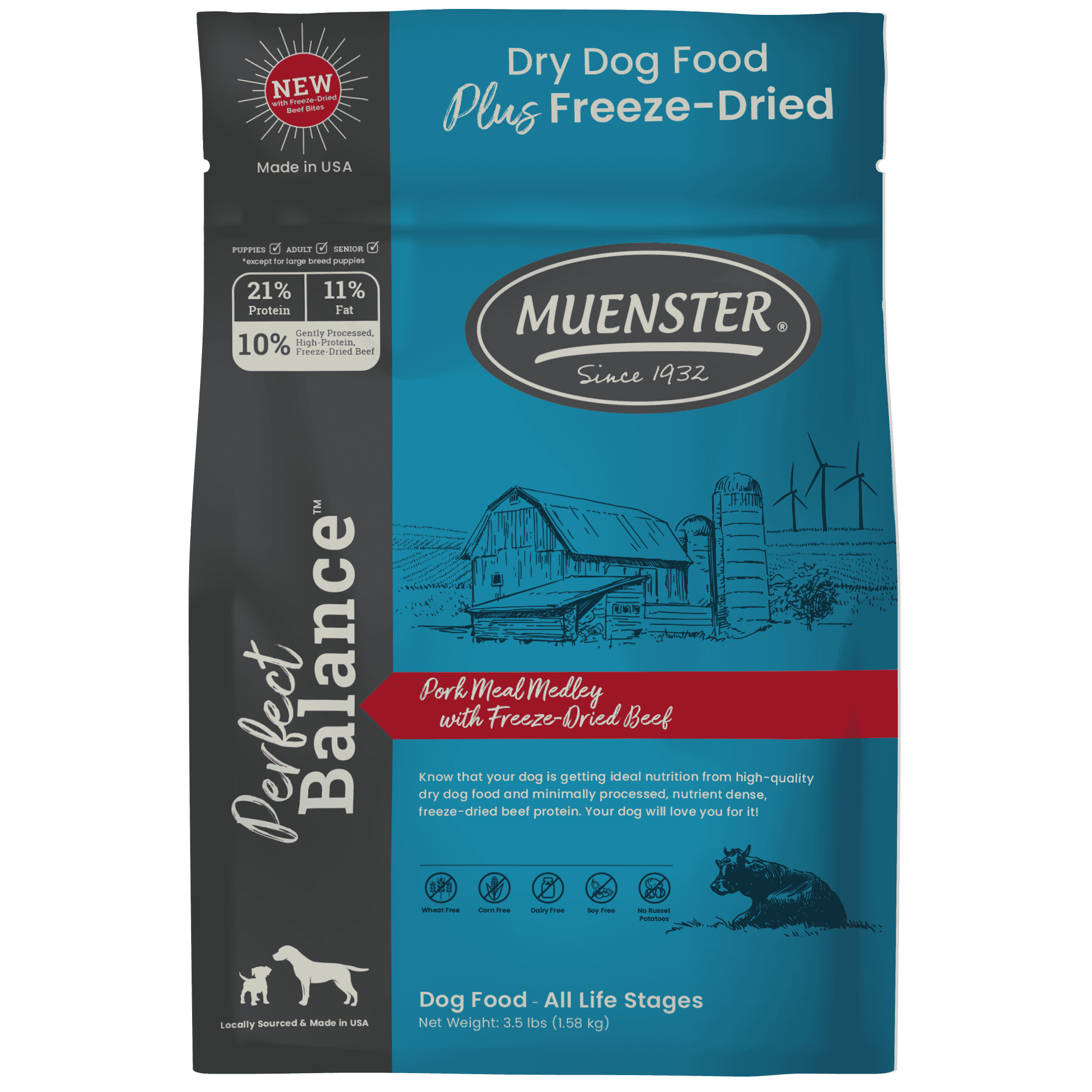 Muenster Perfect Balance Pork Kibble with Freeze-Dried Beef Complete & Balanced food for dogs