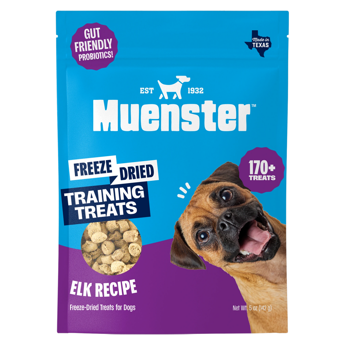 Muenster Freeze Dried Training Treats Elk Recipe. 170+ treats per 5 oz bag and gut friendly probiotics.