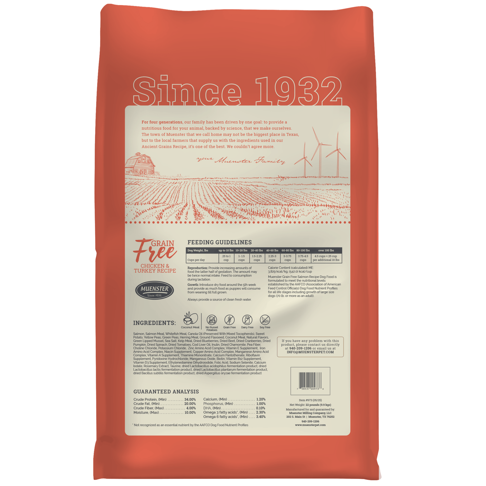Dog food package with 'Since 1932' text and farm illustration on a white background