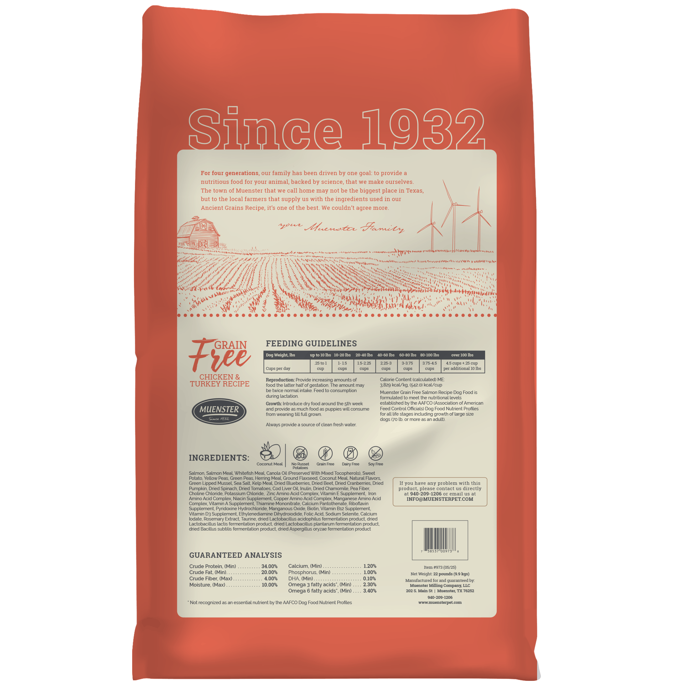 Dog food package with 'Since 1932' text and farm illustration on a white background