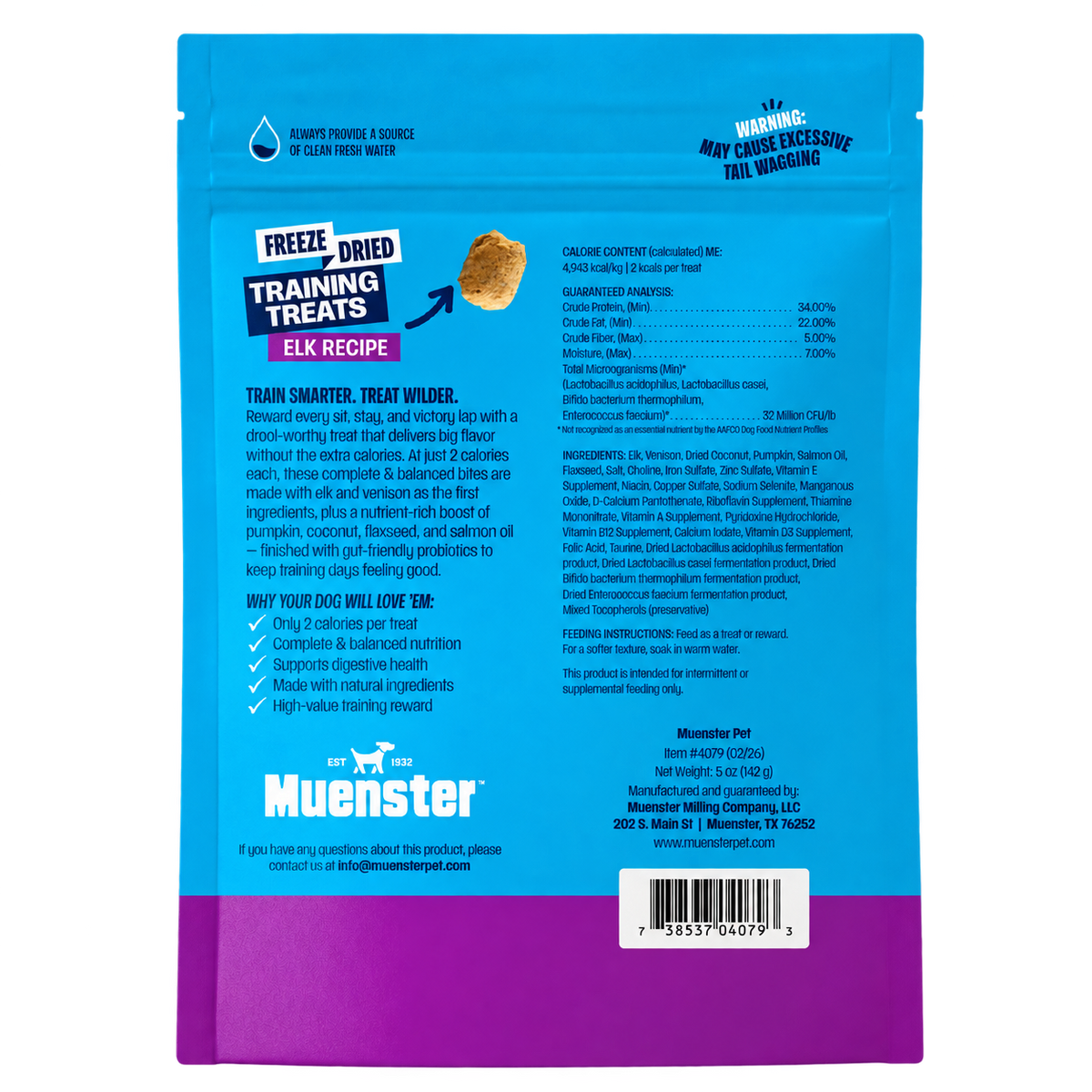Muenster Freeze-Dried Elk Training Treats, 5 oz bag, back